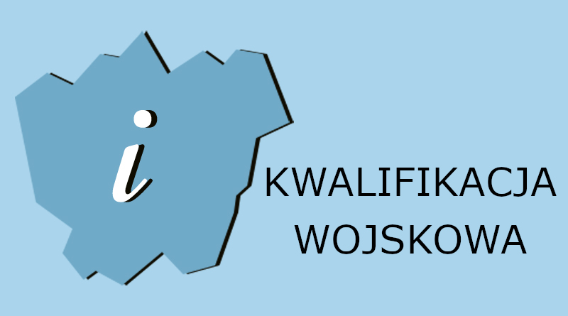 Grafika na jasno niebieskim tle kontur miasta Łaziska Górne, w konturze został umieszczony biała litera i, obok konturu umieszczono napis: Kwalifikacja Wojskowa