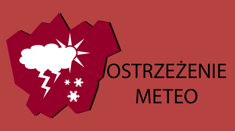 Grafika na bordowym tle kontur miasta Łaziska Górne, w centralnym punkcie chmura, piorun, płatki śniegu, słońce, obok konturu umieszczono napis: Ostrzeżenie meteo.