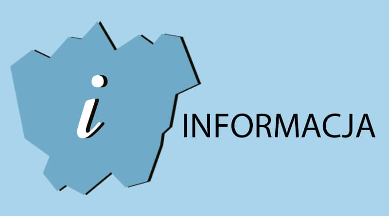 Grafika na jasno niebieskim tle kontur miasta Łaziska Górne, w konturze został umieszczony biała litera i, obok konturu umieszczono napis: Informacja.