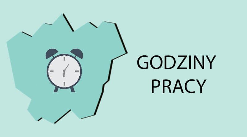 Grafika na jasno niebieskim tle kontur miasta Łaziska Górne, w centralnym punkcie budzik, obok umieszczono napis: Godziny pracy.
