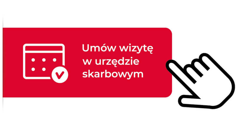 Grafika na białym tle, czerwony prostokąt po jego prawej stronie znajduję się ikona kalendarza, po prawej stronie prostokąta został umieszony napis: Umówi wizytę w urzędzie skarbowym. Poza prostokątem w prawym dolnym rogu grafiki umieszony został kursor.