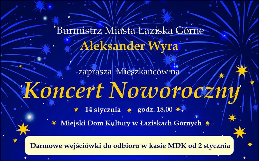 Grafika z fajerwerkami na granatowym tle ze szczegółami wydarzenia