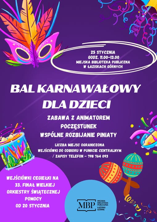 plakat wydarzenia: fioletowe tło, maska karnawałowa, marakasy, tamburyn, bębenek serpentyny, biały napis Bal karnawałowy dla dzieci - szczegóły w treści artykułu