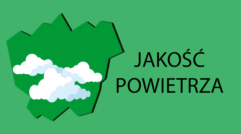 Grafika na zielonym tle kontur miasta Łaziska Górne, w centralnym punkcie chmury, obok umieszczono napis: Jakość powietrza.