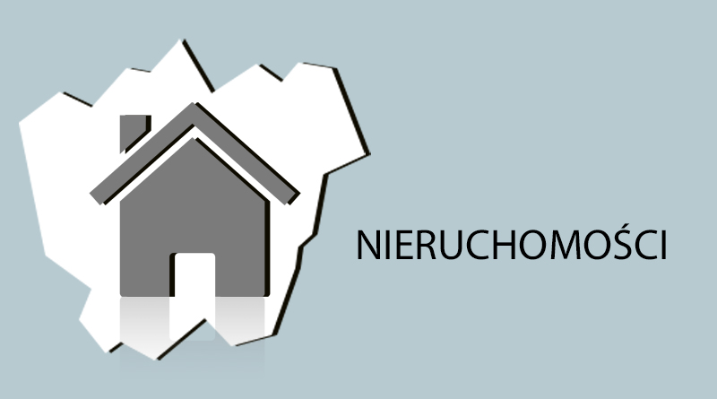 Baner, na szarym/bladoniebieskim tle kontur miasta łaziska Górne, w którym wpisana jest grafika przedstawiajaca dom, obok konturu napis: nieruchomości