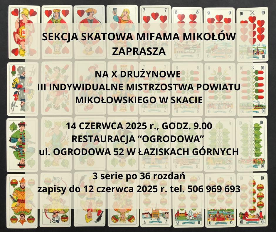 Zaproszenie na X Drużynowe i III Indywidualne Mistrzostwa Powiatu Mikołowskiego w Skacie czarne napisy (szczegóły w treści artykułu), w tle karty do gry ułożone w 4 rzędach po 8 sztuk