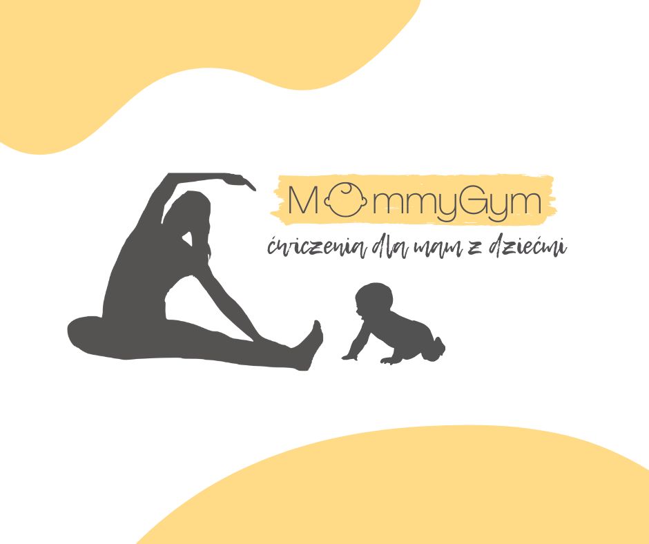 Postura ćwiczącej kobiety, obok dziecko z pozycji raczkującej. Nazwa zajęć w formie logotypu.