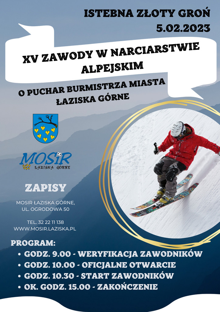 Plakat ze zdjęciem narciarza na tle gór ze szczegółami wydarzenia.