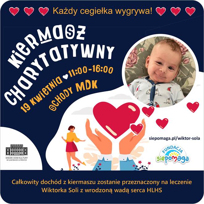 Grafika dłoni trzymających serce. Po jednej stronie dłoni postać kobiety po drugiej stronie postać mężczyzny. W lewym górnym rogu nazwa wydarzenia. W prawym górnym rogu zdjęcie dziecka. W lewym dolnym rogu logo Miejskiego Domu Kultury.
