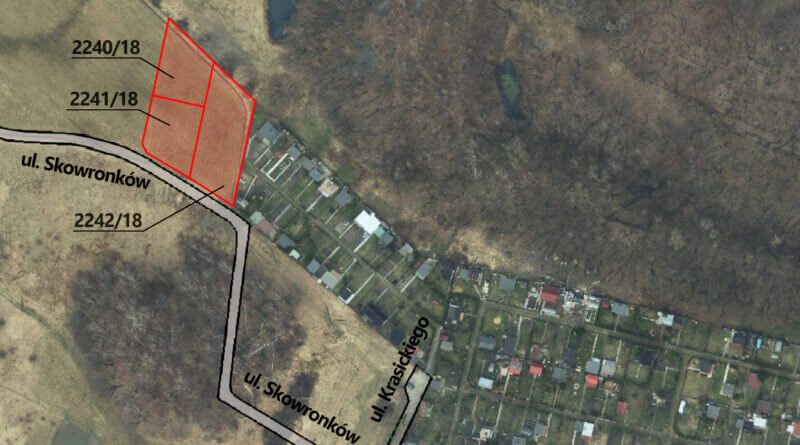 Grafika przedstawia działkę wystawioną na sprzedaż przy ulicy Skowronków