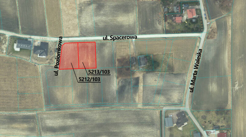 Grafika przedstawia działkę przeznaczoną na sprzedaż znajdującą się przy ulicy Spacerowej