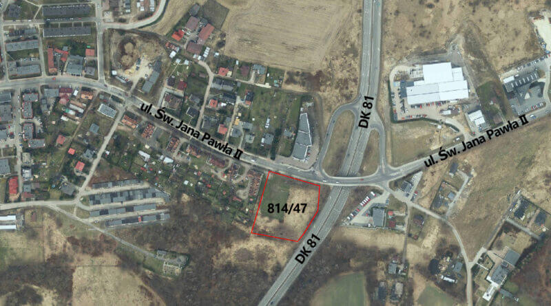 Grafika przedstawia działkę przeznaczoną na sprzedaż znajdującą się przy ulicy św. Jana Pawła II