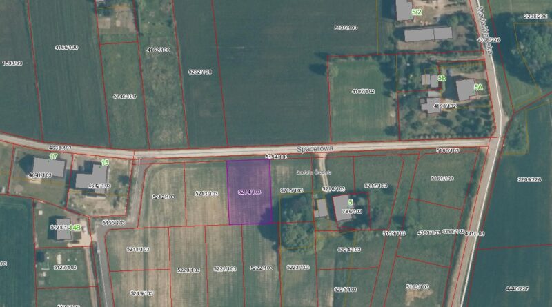 Grafika przedstawia działkę przeznaczoną na sprzedaż przy ulicy Spacerowej